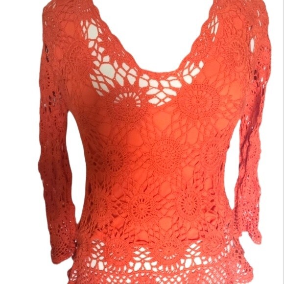 Joseph A Orange LS Crochet Top - S - Picture 7 of 14